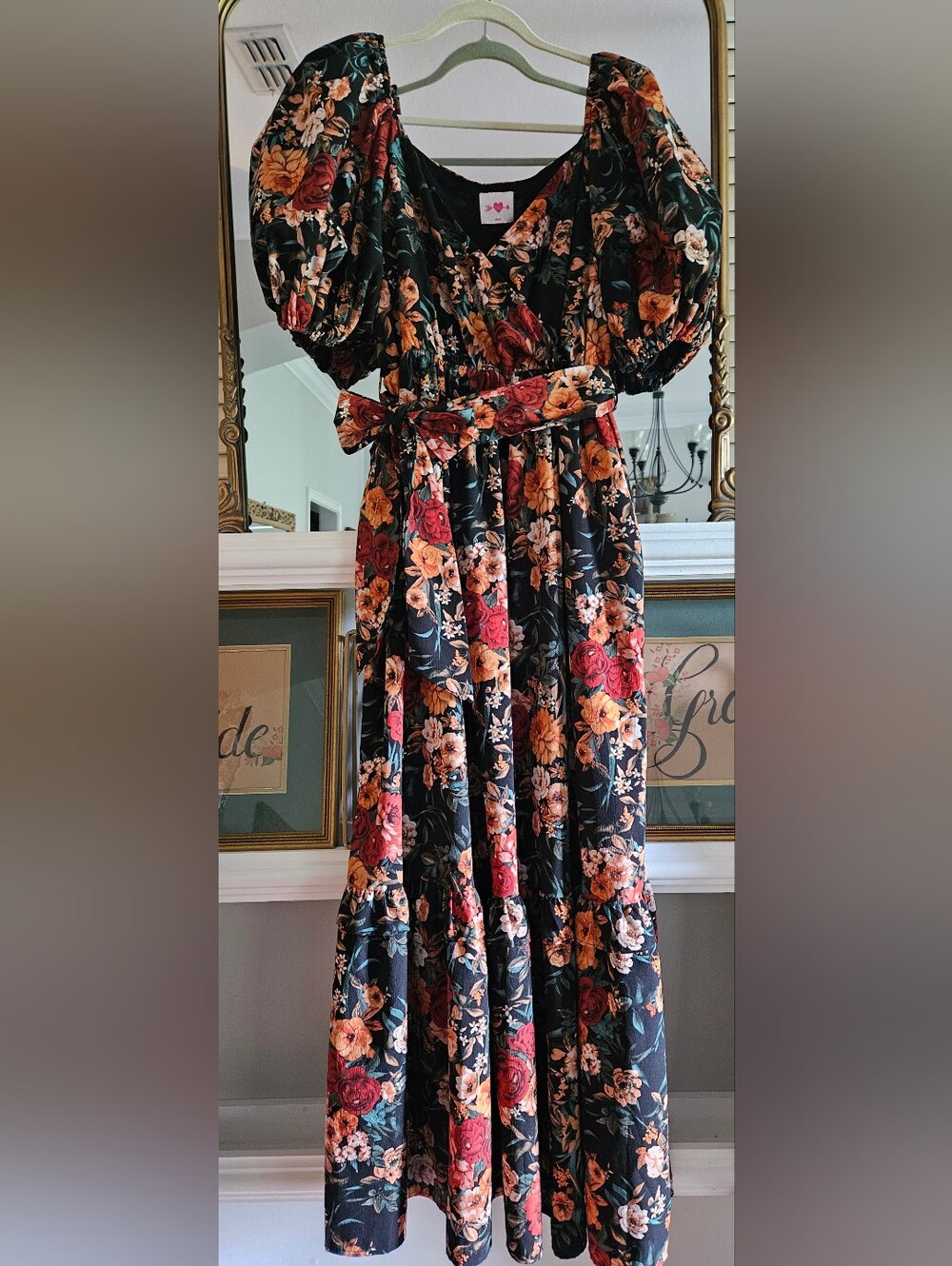 BuddyLove Floral Puff Sleeve Tiered Maxi Dress Black Fall Floral Size M